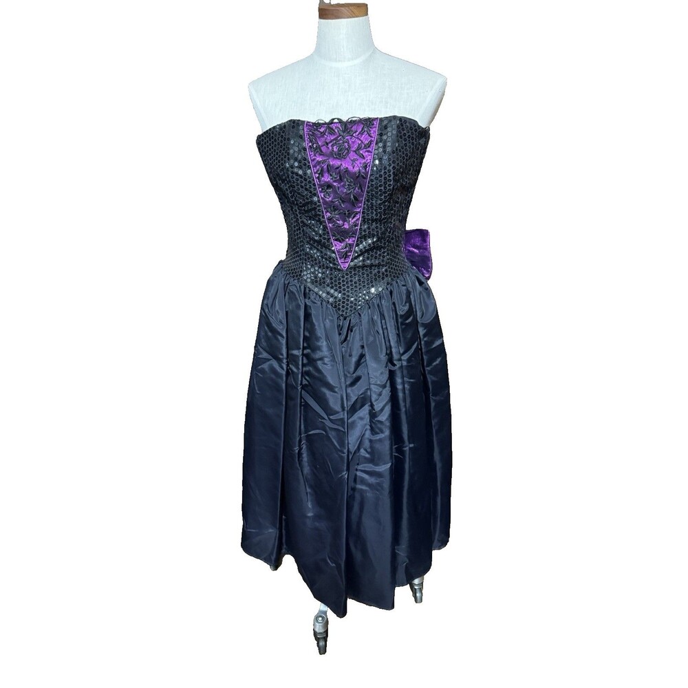Vtg 80s Gunne Sax Jessica McClintock Black Purple Goth Prom Dress Sz 9/10